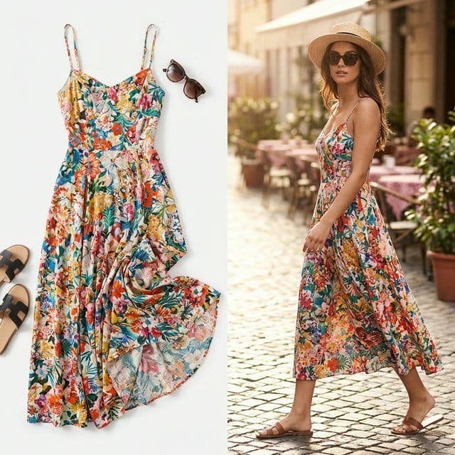 Split comparison: Flat lay dress vs Model wearing dress.