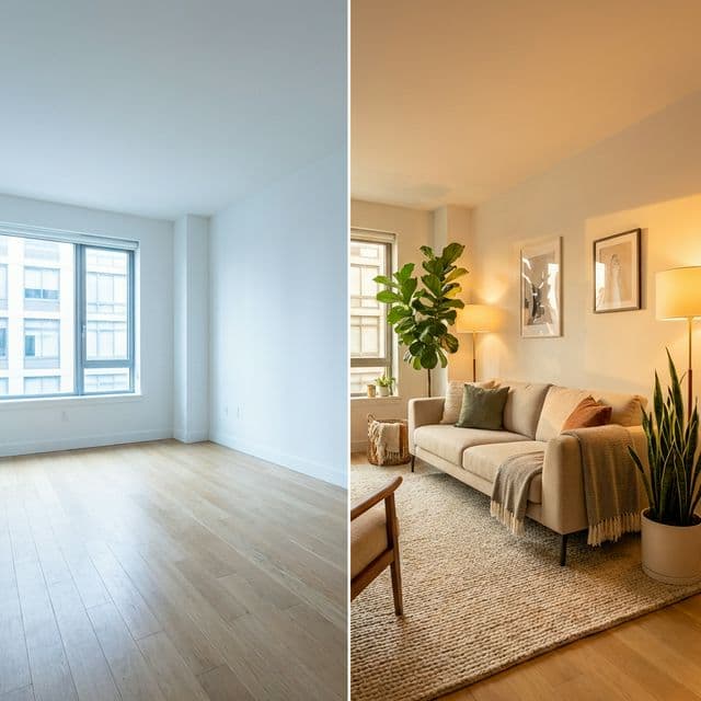Split comparison: Empty white room vs Furnished modern living room.