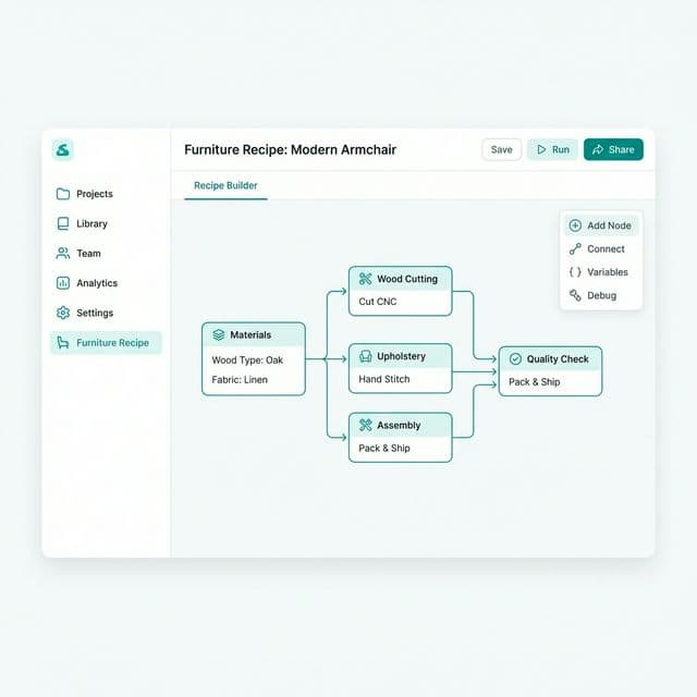 BlinkPic Dashboard Interface showing the furniture recipe builder.
