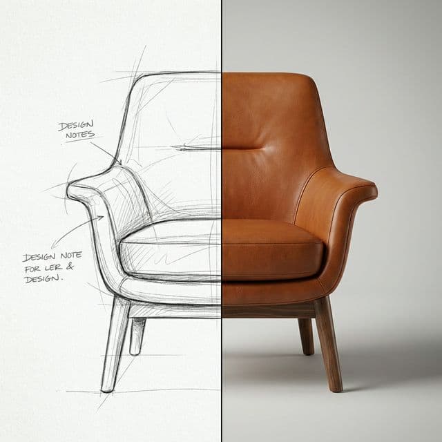 Split comparison: Rough pencil sketch on left, photorealistic leather armchair render on right.
